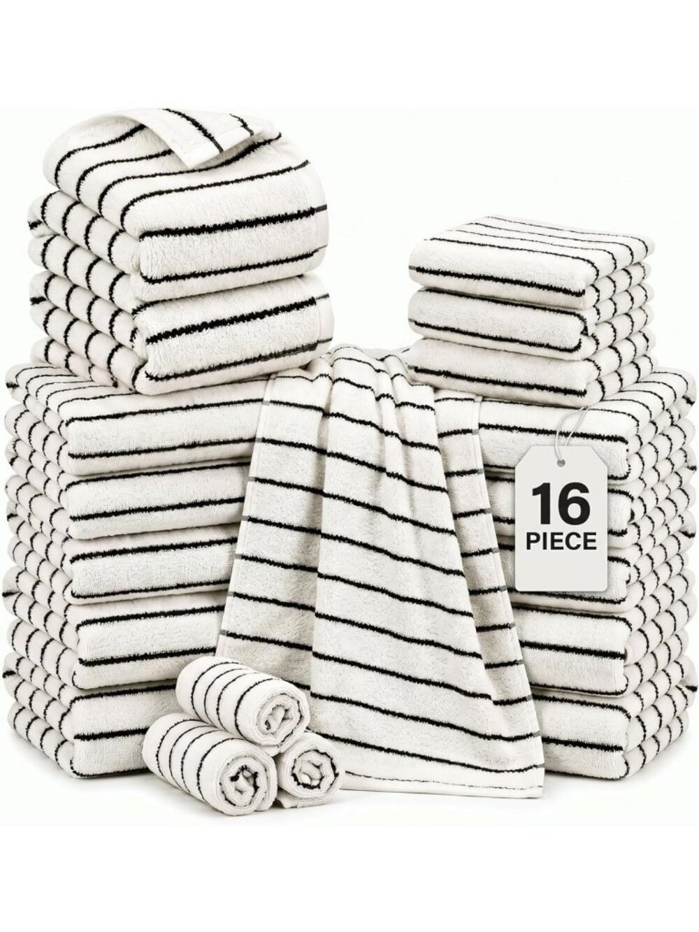 16-Pack Cotton Striped Bath Towel Set - Soft, Absorbent, Black & White Design